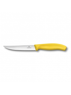 Нож Victorinox для стейка и пиццы, желтая ручка, волнистое лезвие, 12 см